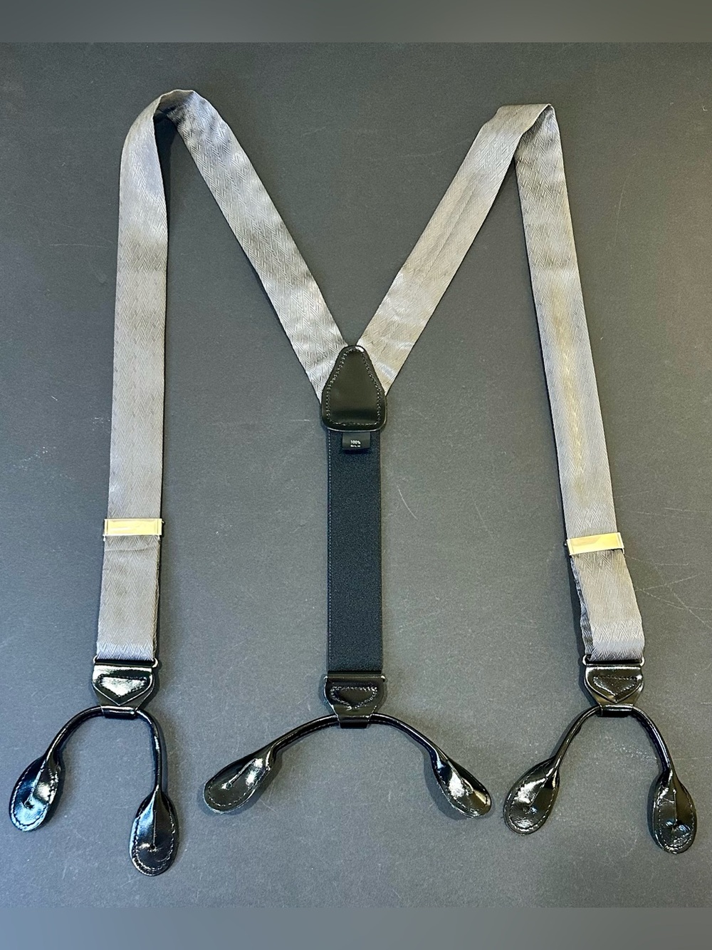 VTG 1980s-90s Y-Back Suspenders Gray Silk Fabric Shiny Black Leather Button Ends